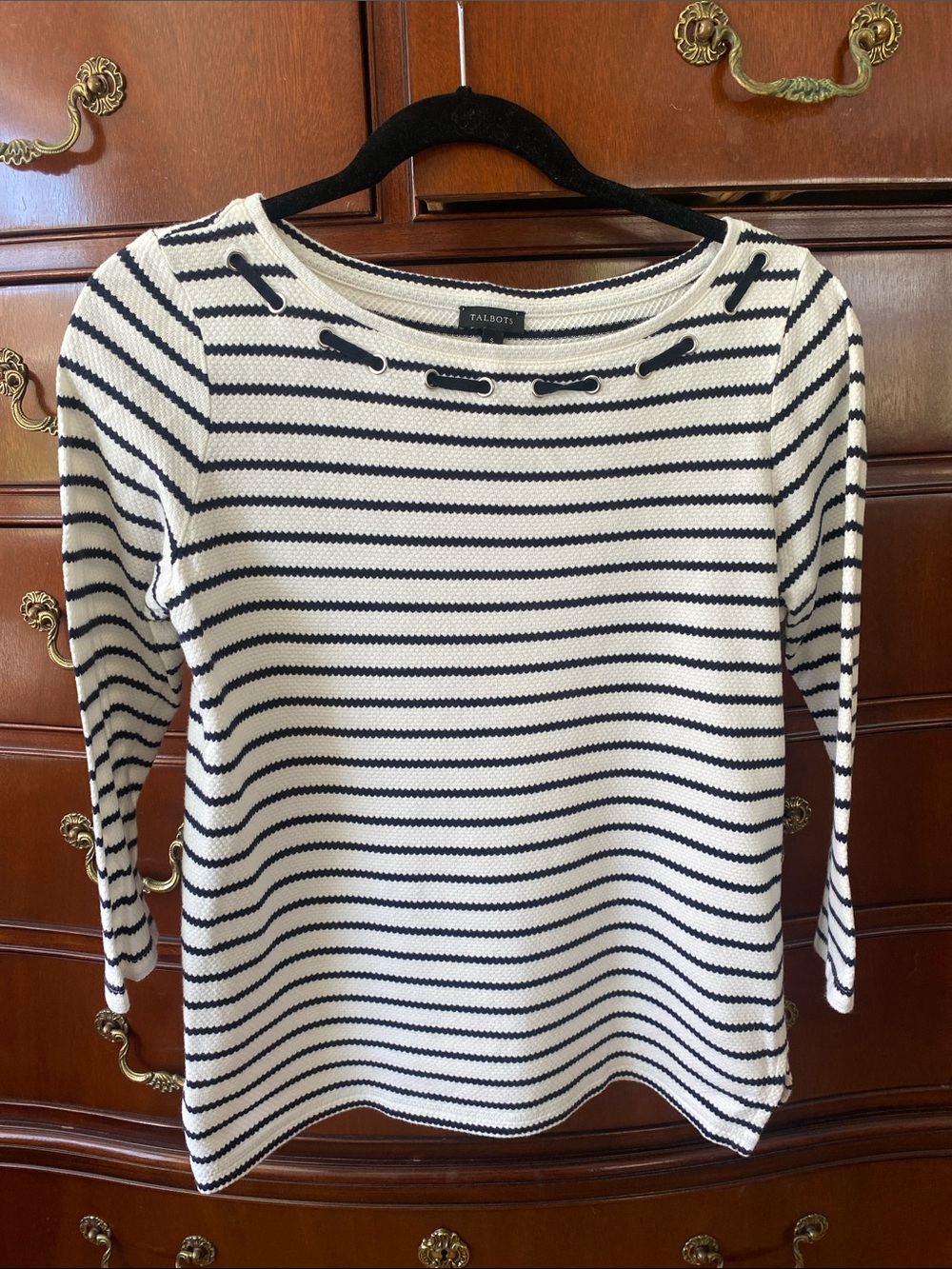 Talbots Navy & White Striped Boatneck 3/4-Sleeve 100% Cotton knit Top